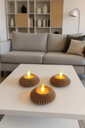 Led waxinelichthouder Nami houtkleur. 3 stuks op salontafel